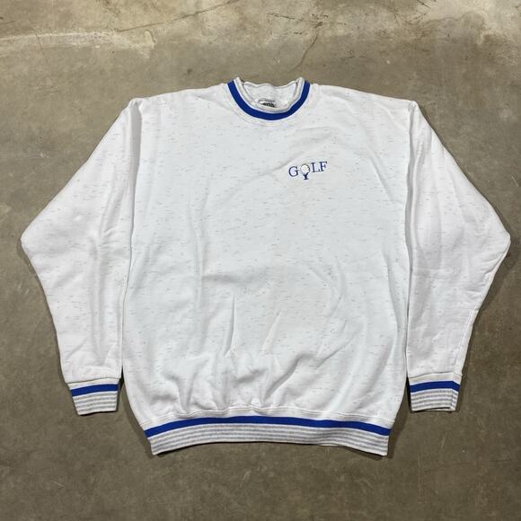 VTG 80s Oneita Golf Sweatshirt USA Made White Blue Trim Embroidered XL - Picture 1 of 7